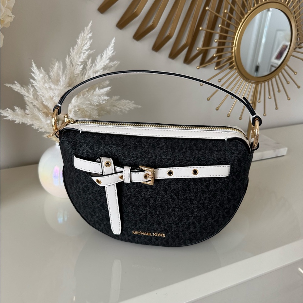 Michael Kors Black and White Emilia Medium Logo Shoulder Bag